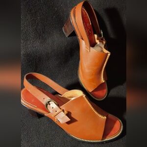 H.S. Trask Tahoe Brown Leather Peep-Toe Slingback Heel Sandals - Size 8.5W